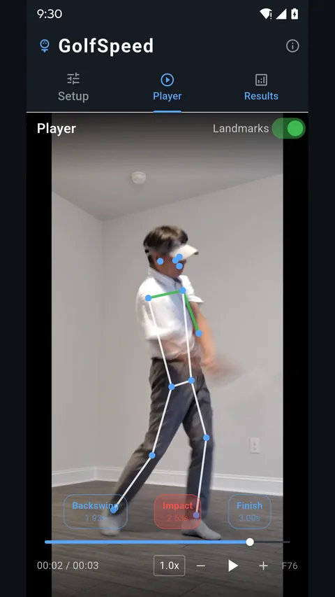 The Player tab paused at impact with the detected skeleton drawn over the frame and jump buttons for backswing, impact and finish.