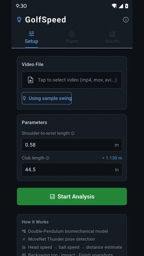 The Setup tab: pick a video, enter shoulder-to-wrist length and club length, start the analysis.